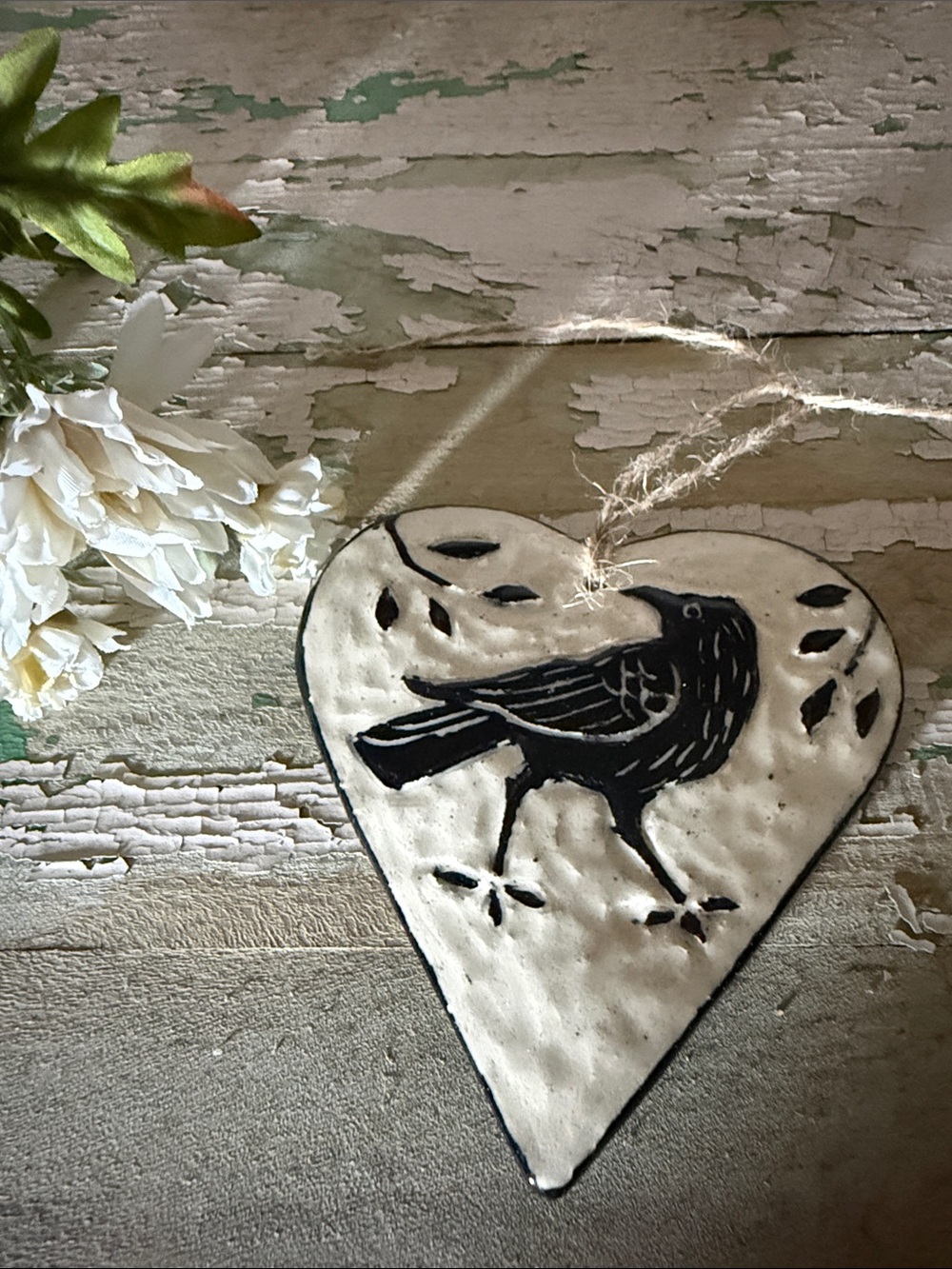 🐦‍⬛ Handmade Fired Clay Glazed Crow/Raven White Heart Ornament